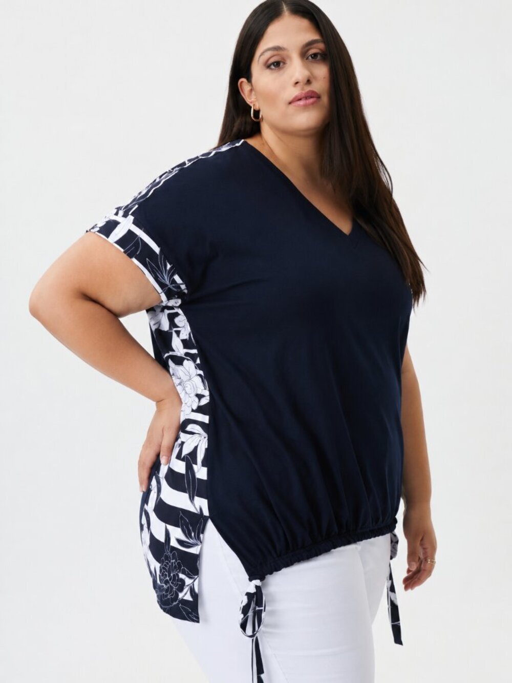 Joseph Ribkoff Tunic Floral Stripes Costal Chic Nautical Navy Blue Plus Size 22